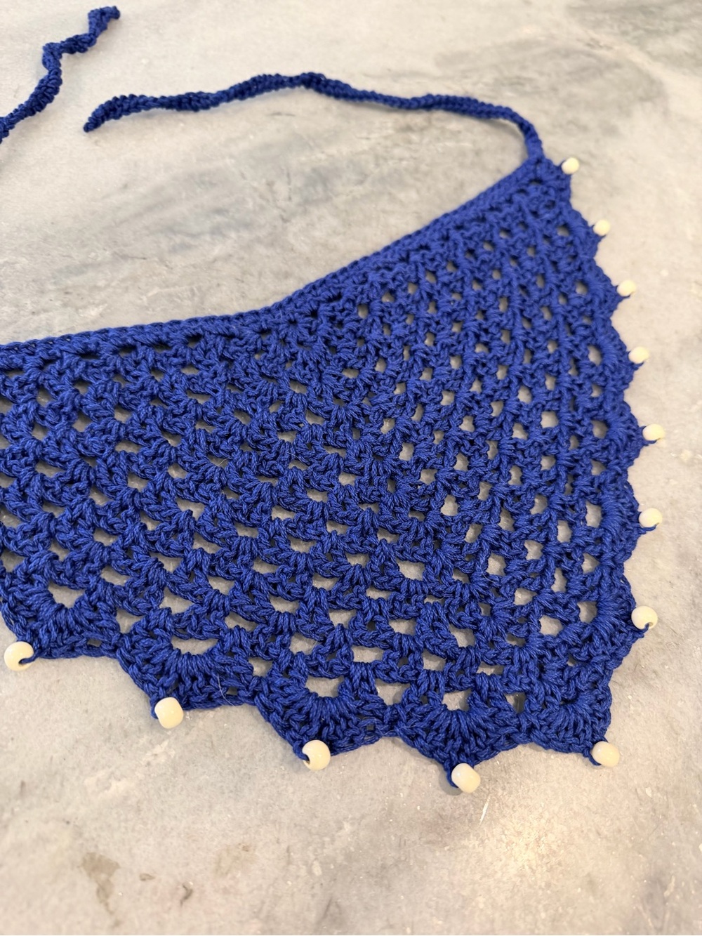 Handmade Crochet Wood Beaded Kerchief Head Scarf Cotton Boho Bandana Cottagecore